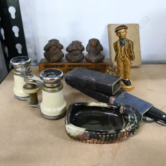 6 SMALL CURIOS. UGGAWARE DISH 'DANNY BOY' FIG 3 MONKEYS OP GLASSES + GOLDDUST BOOK  WITH CUTHROAT RAZOR