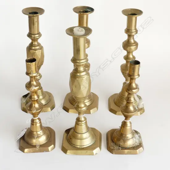 3 PRS BRASS ANTIQUE CANDLESTICKS, VARIOUS SIZES