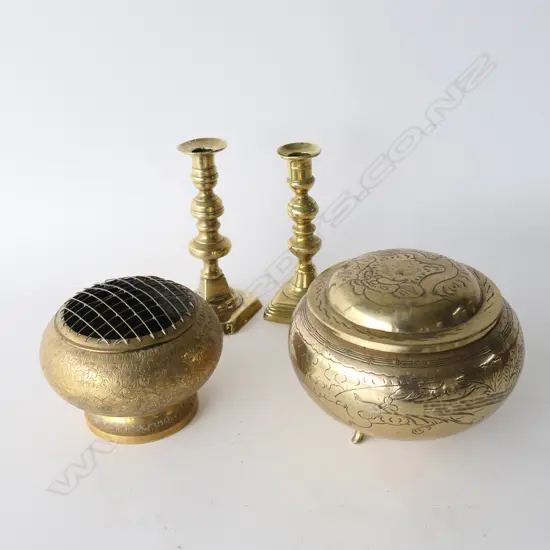 3 PCS OLD BRASS, MIDDLE EASTERN ROSE BOWL, CHINESE LIDDED BOWL & PR CANDLESTICKS