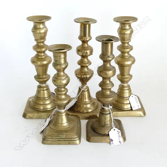 5 ASSTD ANTIQUE MED CANDLESTICKS, TALLEST H.225mm