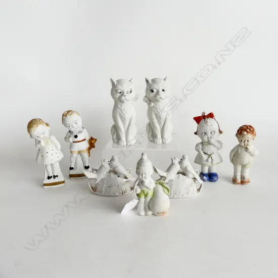 9 PCS VINTAGE GERMAN BISQUE, FIGURINES, PR CATS, PR DOVE SML DISHES