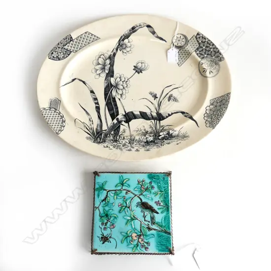 LRG SERVING DISH & VICTORIAN TILE TRIVET w BIRD ON BRANCH 