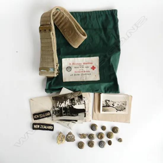BAG LOT WW2 BADGES PHOTOS WEBBING ETC