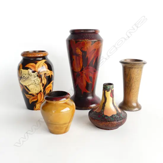 5 WOODEN VASES, POKER WORK & PAINTED, VARIOUS SIZES