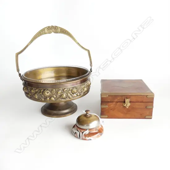 BRASS & GLASS FRUIT BOWL 235mm dia, WOODEN BOX, OLD SHOP BELL