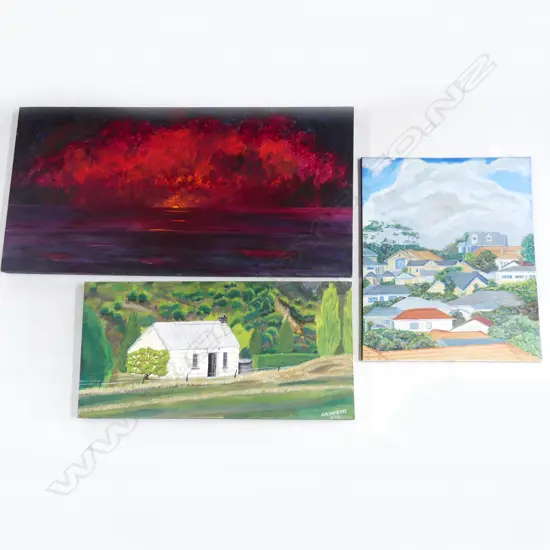 3 ACRYLIC ON CANVAS PAINTINGS: HUGH BRADING red & black landscape 505x1150mm + stone cottage by Knights + houses