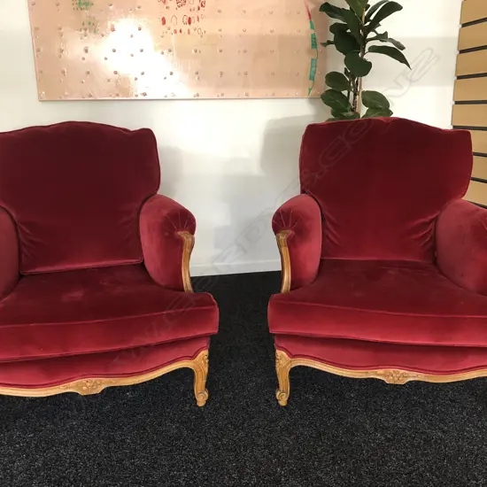 PR FRENCH ANTIQUE STYLE ARMCHAIRS red velvet upholstery fitted loose cushions