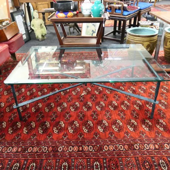 GLASS TOP COFFEE TABLE - BRONZED METAL BASE 1260x870x400mm