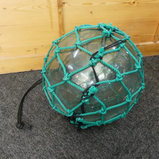 OLD GLASS FISHING FLOAT WITH NETTING APPROX DIA.310mm hand blown