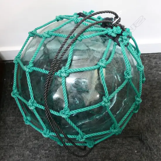 OLD GLASS FISHING FLOAT WITH NETTING APPROX DIA.310mm hand blown