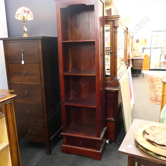 TALL DARK STAINED BOOKCASE WITH SINGLE DRAWER H.800mm, Width: SHELF 460mm, TOP 535mm