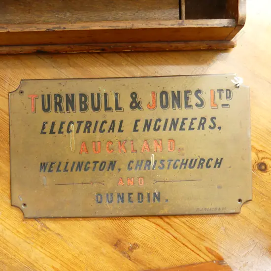 VINTAGE TURNBULL & JONES LTD ELECTRICAL ENGINEERS BRASS SIGN, 180X310MM