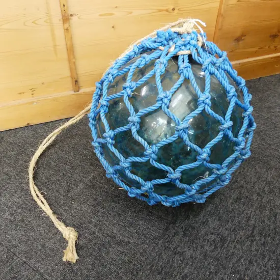 OLD GLASS FISHING FLOAT WITH NETTING APPROX DIA.350mm hand blown
