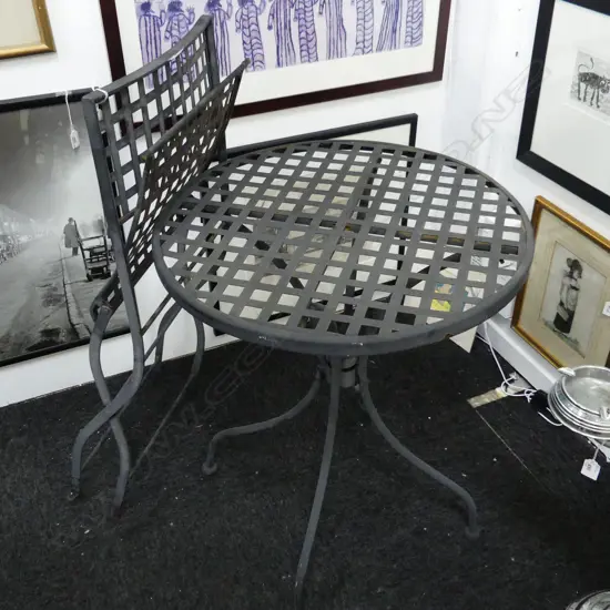 2 PCE BLACK METAL PATIO SET - TABLE & CHAIR (SOME WEAR)