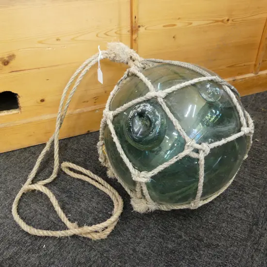 OLD GLASS FISHING FLOAT WITH NETTING APPROX DIA.310mm hand blown