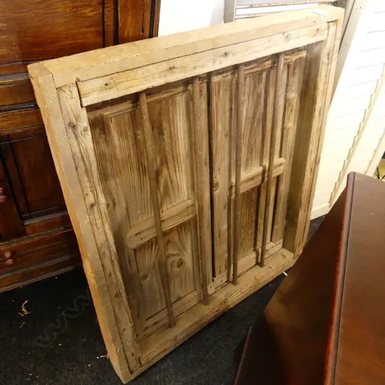 19thC RUSTIC PR PANELLED SHUTTERS W 4 STEEL BAR GRILLE ENCLOSED. In frame. 830 x 950mm