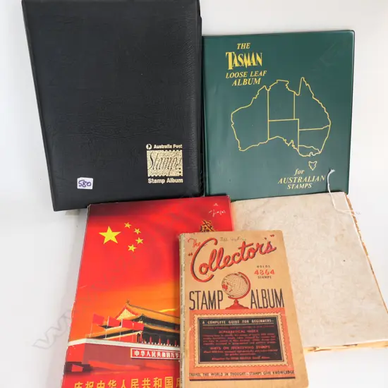 5 STAMP ALBUMS W COLLECTIONS OF AUSTRALIAN + CHINESE + WORLD