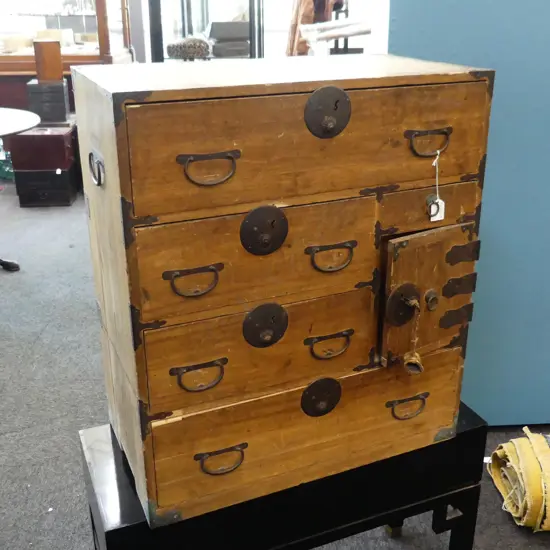 OLD JAPANESE CABINET. 5 drawers 1 door w further drawers hidden c.1900. H.690mm.