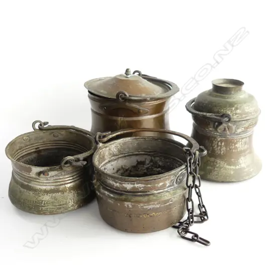 4 TURKISH BRASS POTS w. SWING HANDLES; 2 LIDDED 