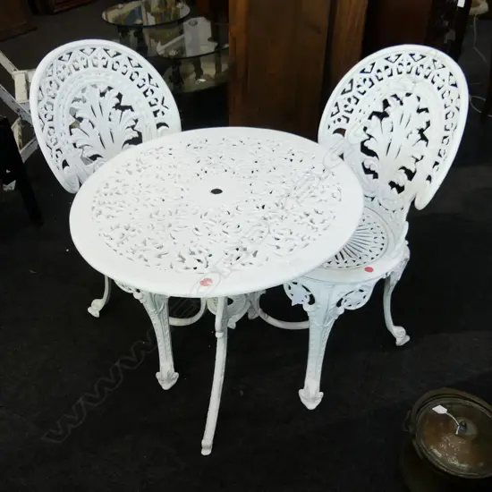 3 PCE WHITE PAINTED METAL PATIO SET; TABLE 700mm dia & PR CHAIRS