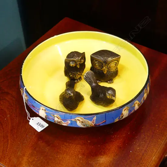4 BRONZE BIRDS: 2 SPARROWS, 2 OWLS IN YELLOW BOWL 260mm dia CRAZING