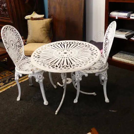 3 PCE WHITE PAINTED ALUMINIUM PATIO SET; TABLE & PR CHAIRS