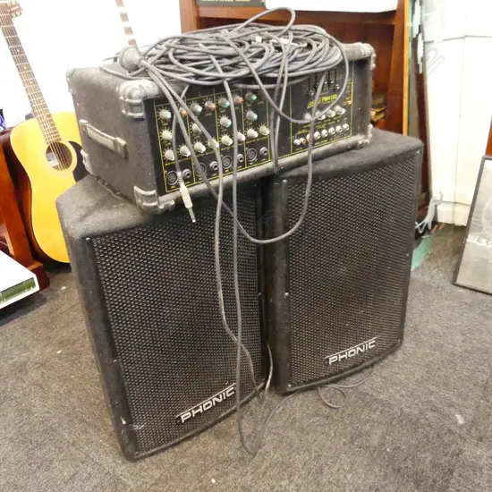 PAIR OF PHONIC ASK 10 10 INCH 2-WAY STAGE SPEAKERS WITH ASHTON PM150 POWERED MIXER AMP AND CABLES