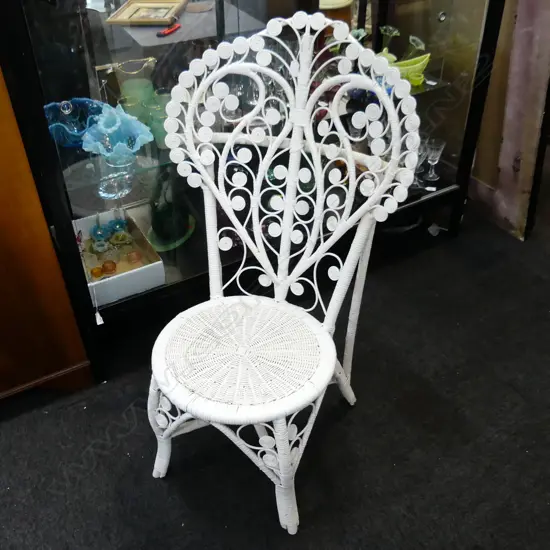 WHITE PAINTED PEACOCK CANE CHAIR H.1050mm & FOOTSTOOL
