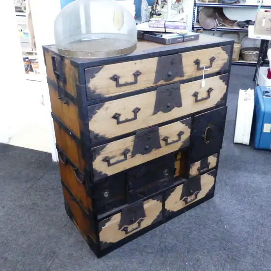 CIRCA 1850 IRON BOUND JAPANESE SHIPS CAPTAINS CHEST 2 SECRET COMPARTMENTS H.1038mm