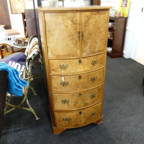 WALNUT BOW FONT CHEST OF DRAWERS WITH UPPER CUPBOARD H 1310 SOME MARKS