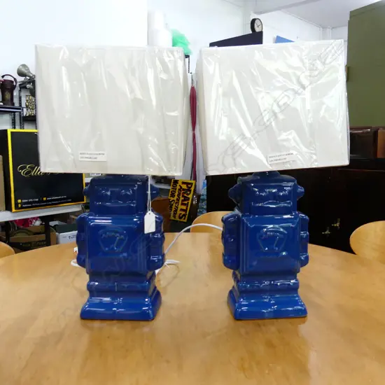 PR BLUE CERAMIC ROBOT LAMPS - AS NEW H.465mm