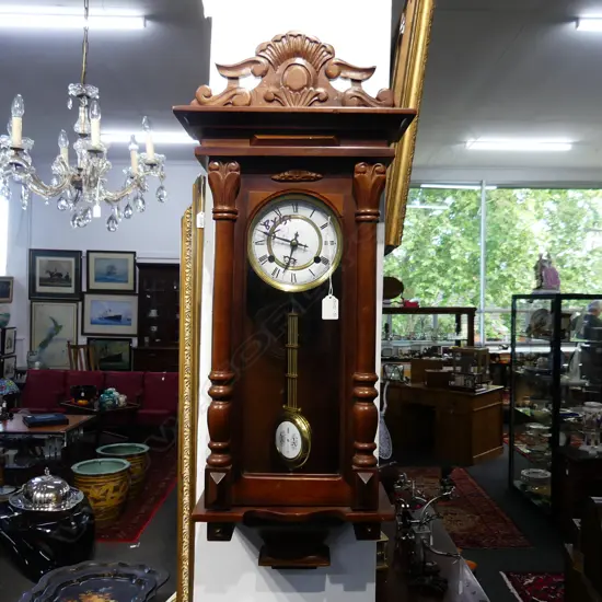 VIENNA REGULATOR WOODEN WALL CLOCK ANTIQUE STYLE W KEY & PENDULUM. H.800mm