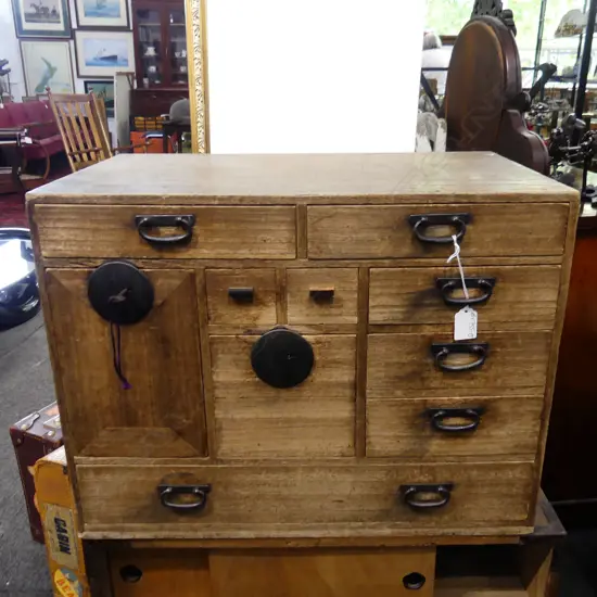 OLD JAPANESE CABINET. 8 drawers 2 doors + hidden drawers. H.420mm.