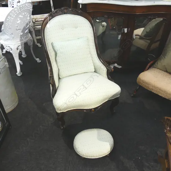 VICTORIAN PALE BLUE UPHOLSTERED NURSING CHAIR- AND STOOL