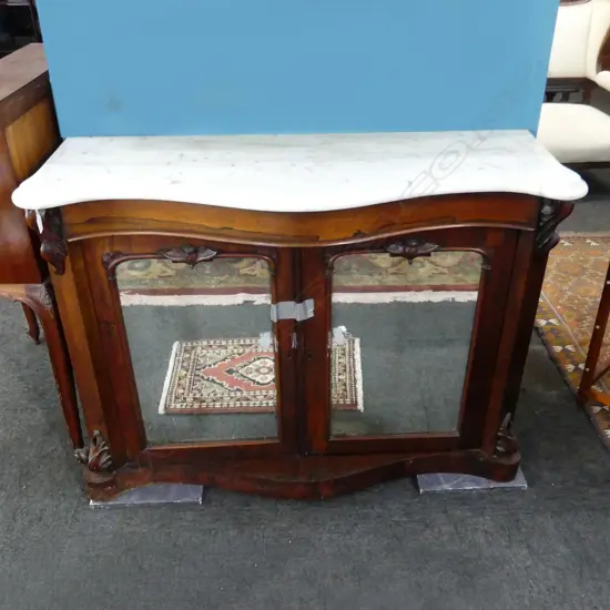 VICT. MARBLE TOPPED MIRROR FRONTED WALNUT CREDENZA H890 W1M117MM