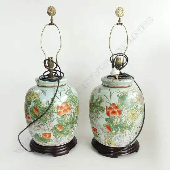 PAIR OF CHINESE GINGER JAR LAMPS ON STANDS  - NO SHADES H.360 (does not include shade frame)
