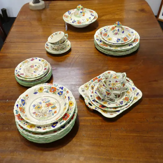 38PC MASON IRONSTONE CHINA DINNER SET, FLORAL W GREEN DETAIL. 'BIBLE' PATTERN