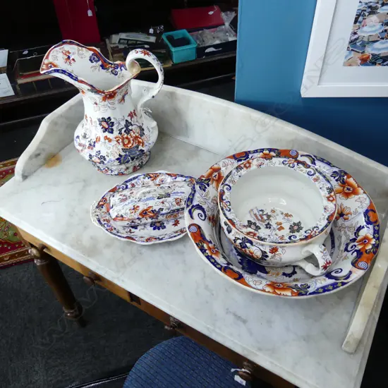 5 PCE 19thC AMHERST IMARI WASH SET; BASIN 365mm dia, POTTY, JUG, DISH & LIDDED CONTAINER - REPAIRS