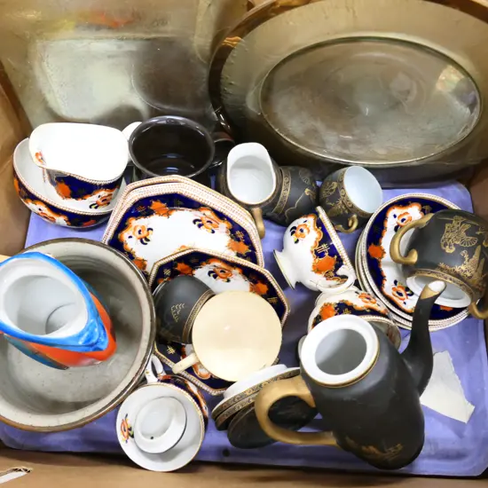 BOX LOT 2 DARRYL FAGENCE PLATES, JAPANESE TEA SET, KOOKABURRA JUG, PARAGON TOKIO ETC