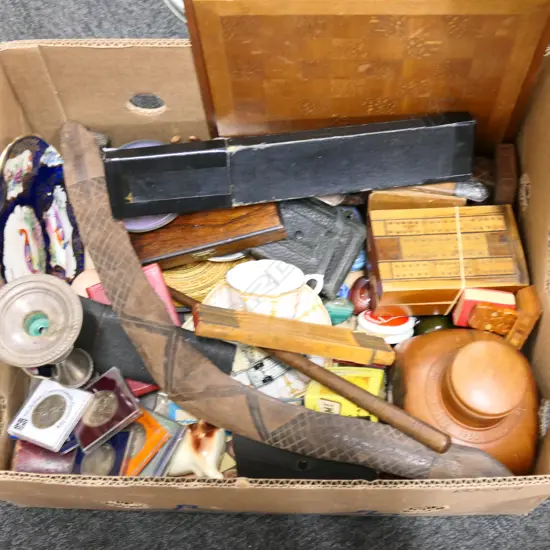 BOX LOT ASST. TREEN, CHINA, TOOLS, POLISHED STONES ETC