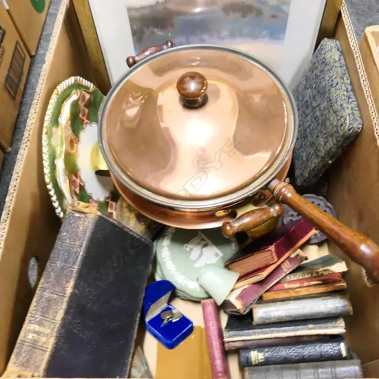 BOX LOT ANTIQUE BOOKS, PR FRAMED SILK PRINTS, FONDUE POT ETC