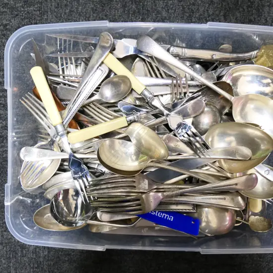 LARGE BOX MIXED OLD CUTLERY, SOME BONE HANDLED