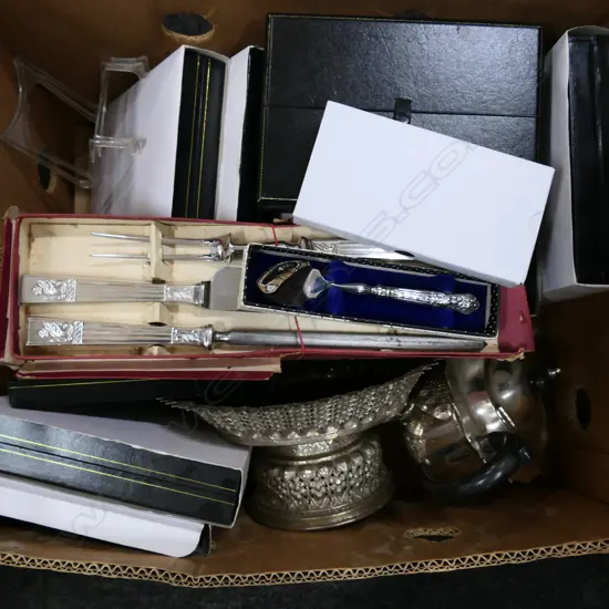 BOX LOT 12 JEWELLERY BOXES, EP TEAPOT, COMPORT, CASED CUTLERY