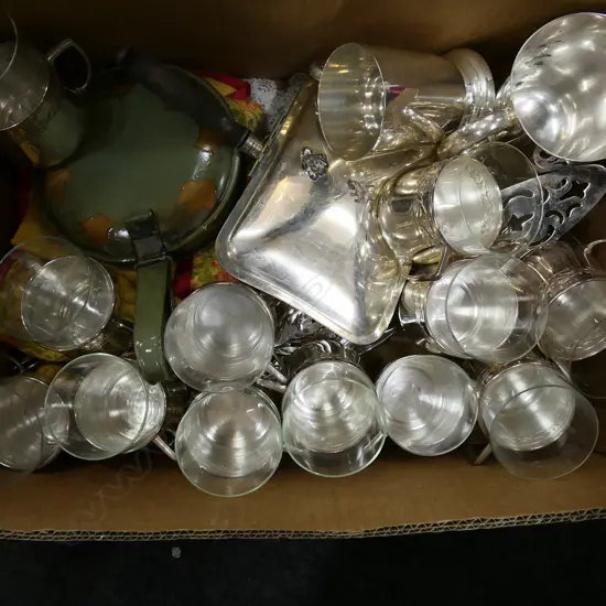 BOX LOT ASST. EP CUTLERY, COFFEE SET, ETC