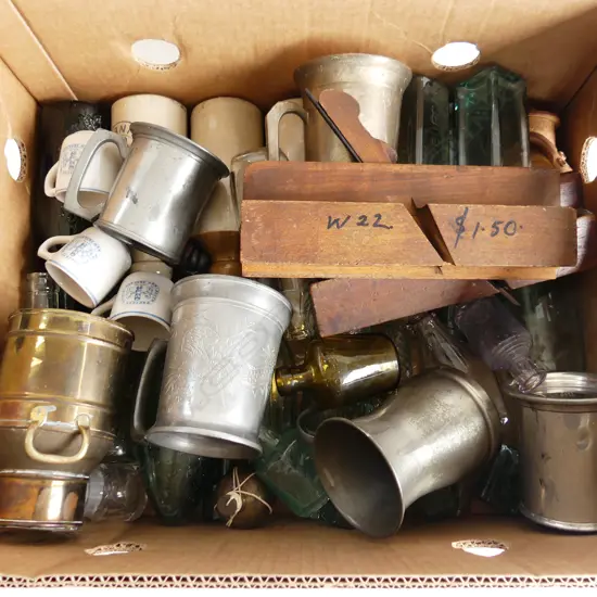 BOX LOT OLD BOTTLES, WOODEN PLANES, EP TANKARDS ETC