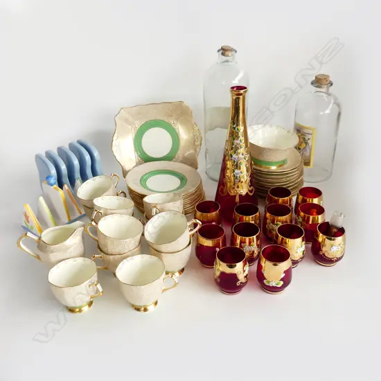 BOX LOT ASST. CHINA; TEA SET, MURANO DECANTER & GLASSES ETC
