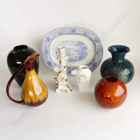 BOX: VICTORIAN B&W ASHETTE + 4 VASES + JUG + GERMAN STYLE CHERUB CANDLESTICK