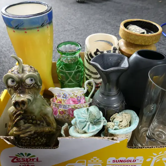 BOX LOT ASST. STUDIO POTTERY; DRAGON, VASES, ROYAL ALBERT ETC