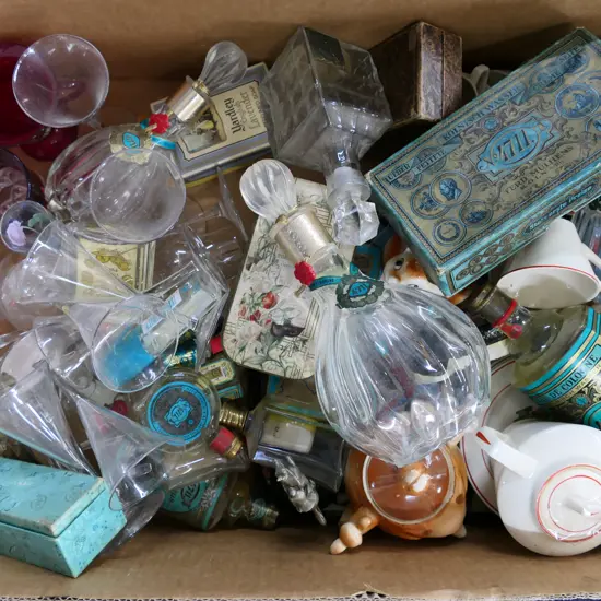 BOX LOT ASST. GLASSES, PERFUME BOTTLES, CHILDS TEA SETS ETC