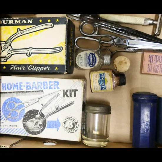 VARIOUS VINTAGE HAIR CUTTING/CLIPPERS HOME BARBER KIT AND PHARMACY ITEMS